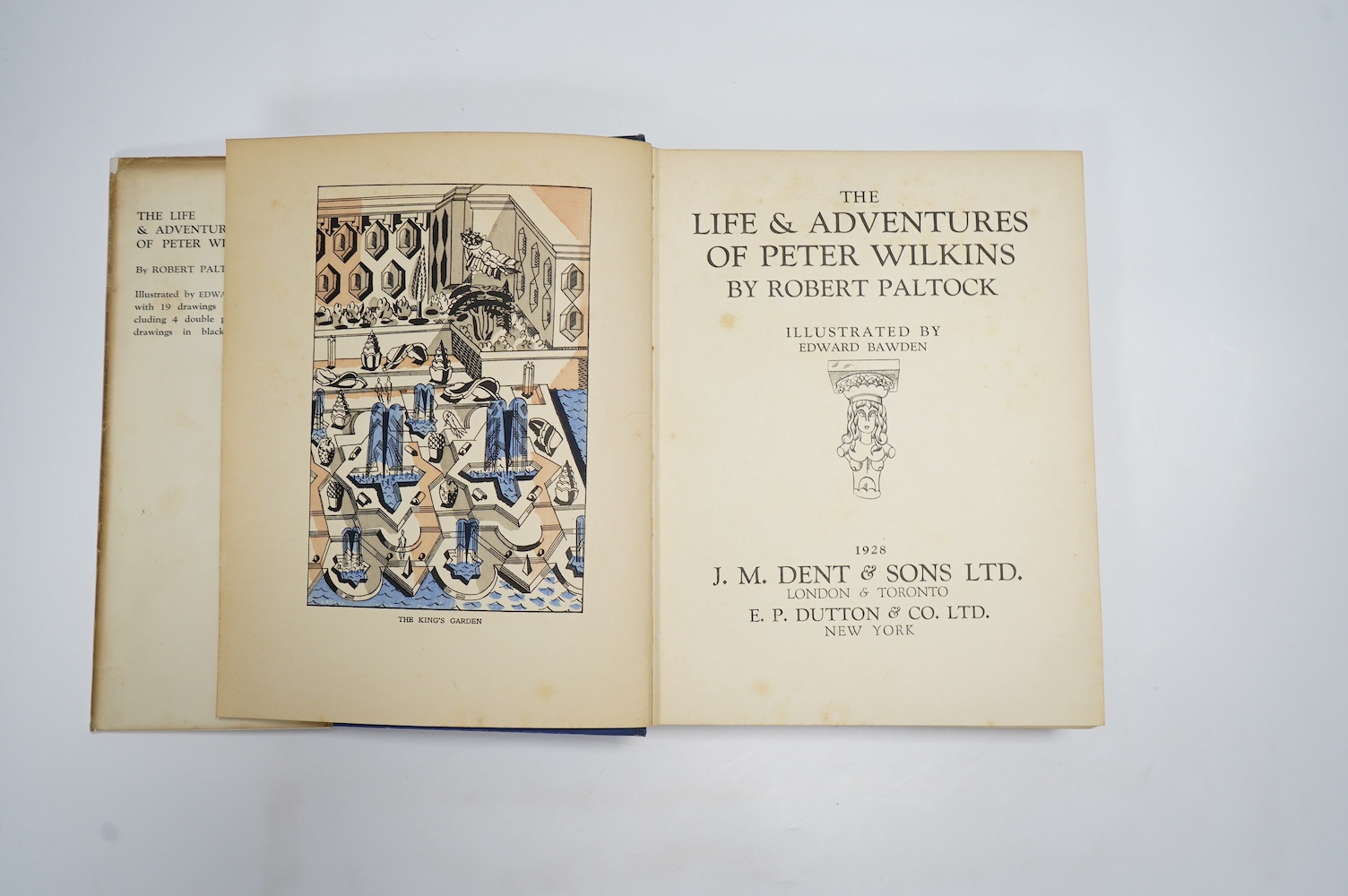 Bawden, Edward first book as illustrator - Paltock, Peter - The Life and Adventures of Peter Wilkins, 4to, blue cloth gilt in a torn d/j, with loss, with 19 coloured stencil illustrations, 5 being full page, 4 double-pag